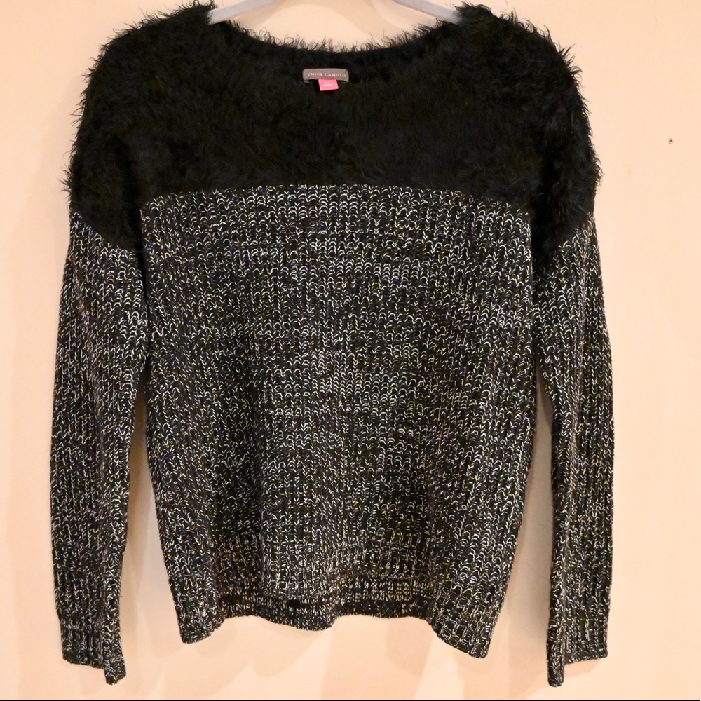 Vince Camuto Womens Eyelash And Marled Knit Sweater Soft Fuzzy Crew Neck